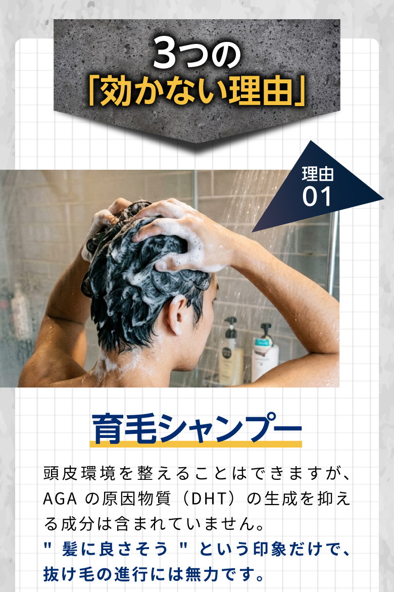 3つの「効かない理由」 理由01：育毛シャンプー。頭皮環境は整えられるがDHTの生成を抑える成分は含まれていない