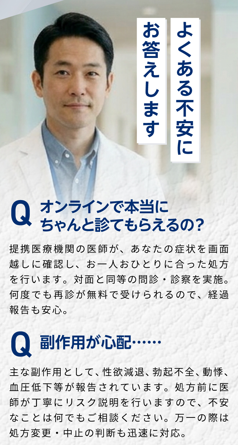 よくある不安にお答えします。Q：オンラインで本当にちゃんと診てもらえるの？Q：副作用が心配……